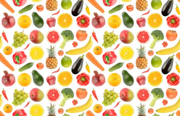 Big Seamless Pattern Bright Healthy Fruits Vegetables Isolated White Background — Stock Photo, Image