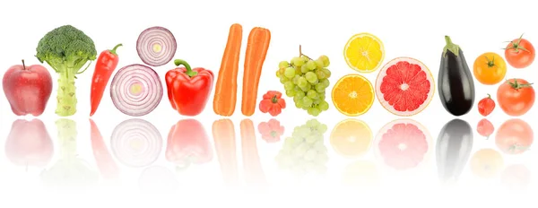 Różnorodność Zdrowych Owoców Warzyw Odbiciem Światła Białym Tle — Zdjęcie stockowe