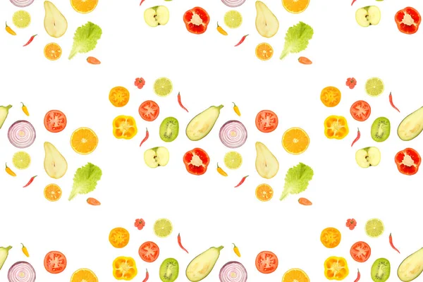 Frutas Legumes Fatias Isoladas Fundo Branco Padrão Sem Costura — Fotografia de Stock