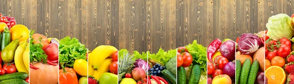 Kolorowe Warzywa Owoce Jagody Tle Drewnianych Desek — Zdjęcie stockowe