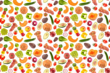Büyük meyve ve sebzesiz desen beyaz arka planda izole edilmiş. Yiyecek dokusu.