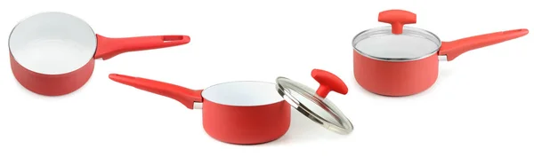 Collection Red Metal Pans Different Angles Isolated White Background — Φωτογραφία Αρχείου