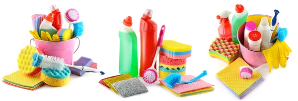 Collection Household Cleaning Detergents Isolated White Background — Foto Stock