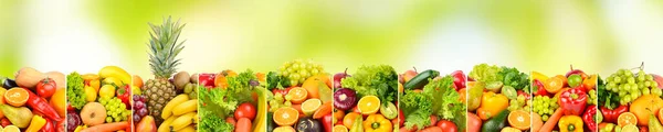 Яскраві Овочі Фрукти Розділені Вертикальними Лініями Зеленому Розмитому Фоні — стокове фото