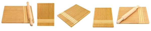 Big Set Wooden Boards Cutting Bread Rolling Pin Isolated White — Stockfoto