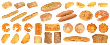 Large set fresh bread products isolated on white background.
