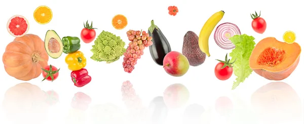 Soaring Fresh Bright Vegetables Fruits Light Reflection Isolated White Background — 스톡 사진