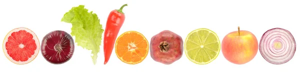 Fresh Bright Fruits Vegetables Row Isolated White Background — Stockfoto