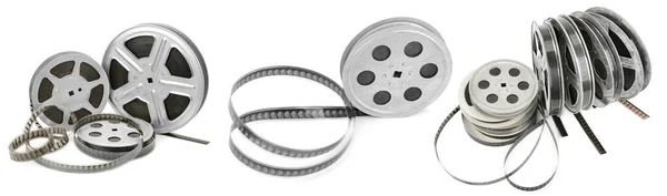 Collections Old Film Strip Metal Bobbins Isolated White Background — 图库照片