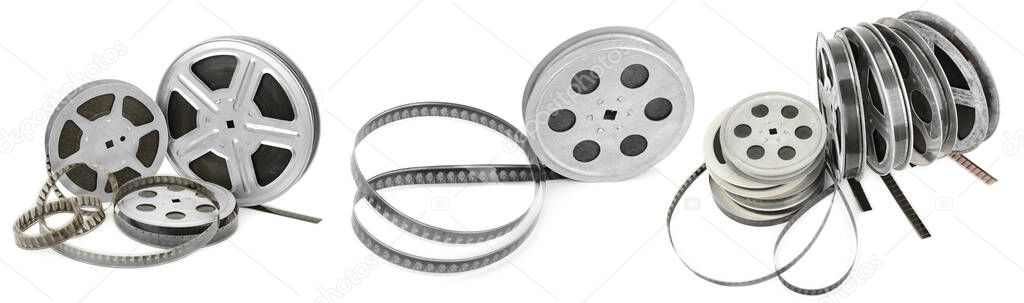 Collections old film strip in metal bobbins isolated on white background.