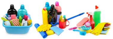 Collection of various household cleaning detergents isolated on white