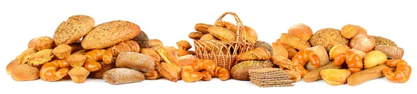 Panoramic Photo Fresh Bread Variety Buns Isolated White Background — Foto Stock