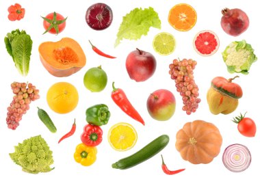 Big set falling vegetables and fruits isolated on white background.