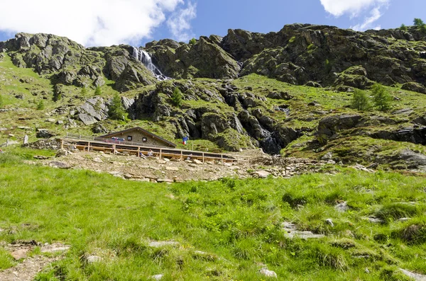 Veduta delle Alpi con rocce e vegetazione in estate nel nord Italia, Lombardia, la regione di Brescia Adamello picco in una giornata limpida — Foto Stock