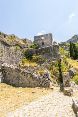 duvarlı şehir olan saint john Kotor şehir. dağlar ve merdivenlerden yukarı şehrinin duvarlarının. eski duvar kalıntıları