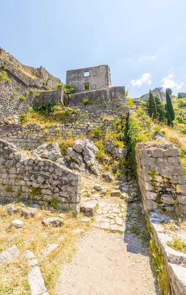 Duvarlı şehir olan saint john Kotor şehir. dağlar ve merdivenlerden yukarı şehrinin duvarlarının. eski duvar kalıntıları — Stok fotoğraf