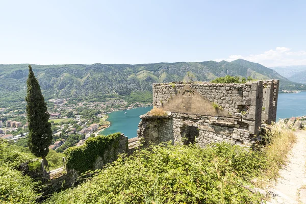 Ciudad amurallada de San Juan en la ciudad de Kotor. Las murallas de la ciudad en las montañas y las escaleras subiendo. Ruinas de viejo muro — Foto de Stock