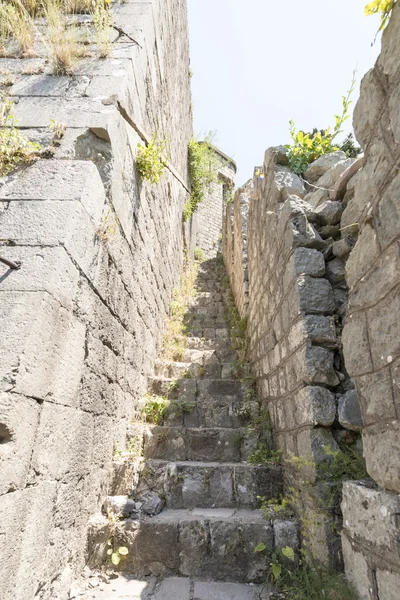 Ciudad amurallada de San Juan en la ciudad de Kotor. Las murallas de la ciudad en las montañas y las escaleras subiendo. Ruinas de viejo muro —  Fotos de Stock