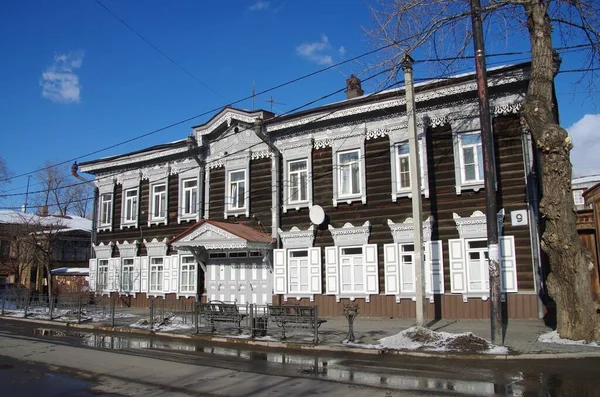 Traditionellt Hus Vintern Irkutsk Sibirien Ryssland — Stockfoto