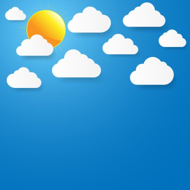 Kağıt bulutlar ve güneş mavi gökyüzü.