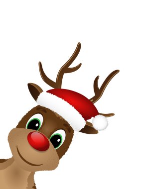 Ren geyiği ile kırmızı burun ve santa şapka.