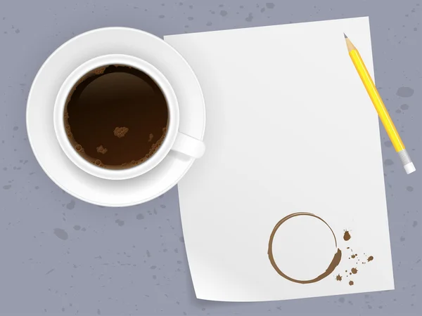 Кофейная шапочка, белая бумага и желтый карандаш — стоковый вектор