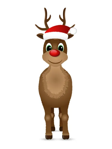 Reindeer with red nose and Santa hat. — Stock Vector