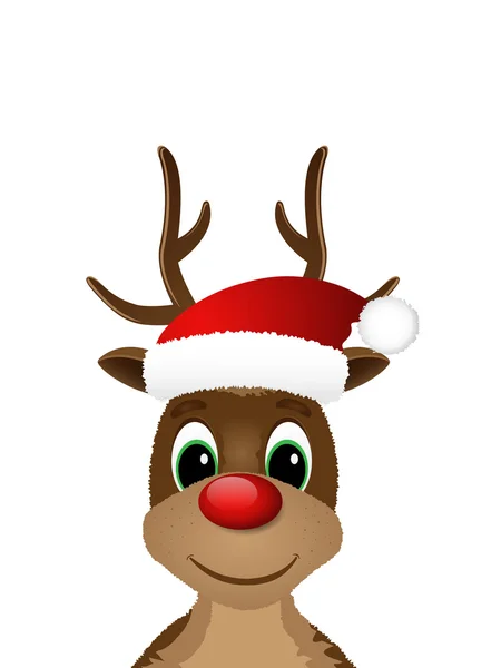 Reindeer with red nose and Santa hat. — Stock Vector