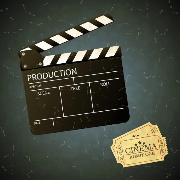 Vintage movie clapper board and admit one ticket. — Stock Vector