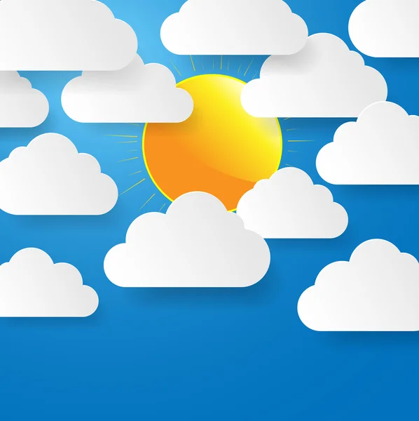 Blue sky with paper clouds and sun. — Stock Vector