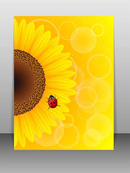 Girasol y mariquita sobre fondo amarillo — Vector de stock