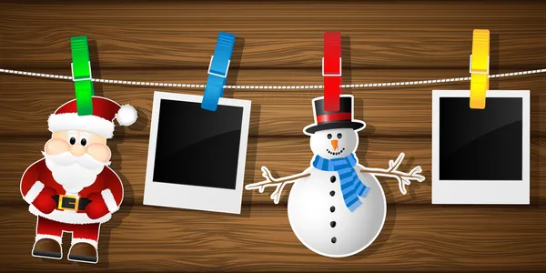 Cornici bianche, pupazzo di neve e Babbo Natale su una clothesline — Vettoriale Stock