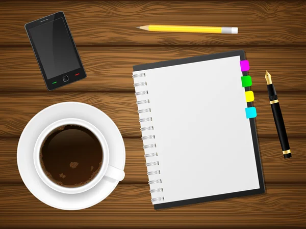 Boné de café, telefone e notebook sobre fundo de madeira . — Vetor de Stock