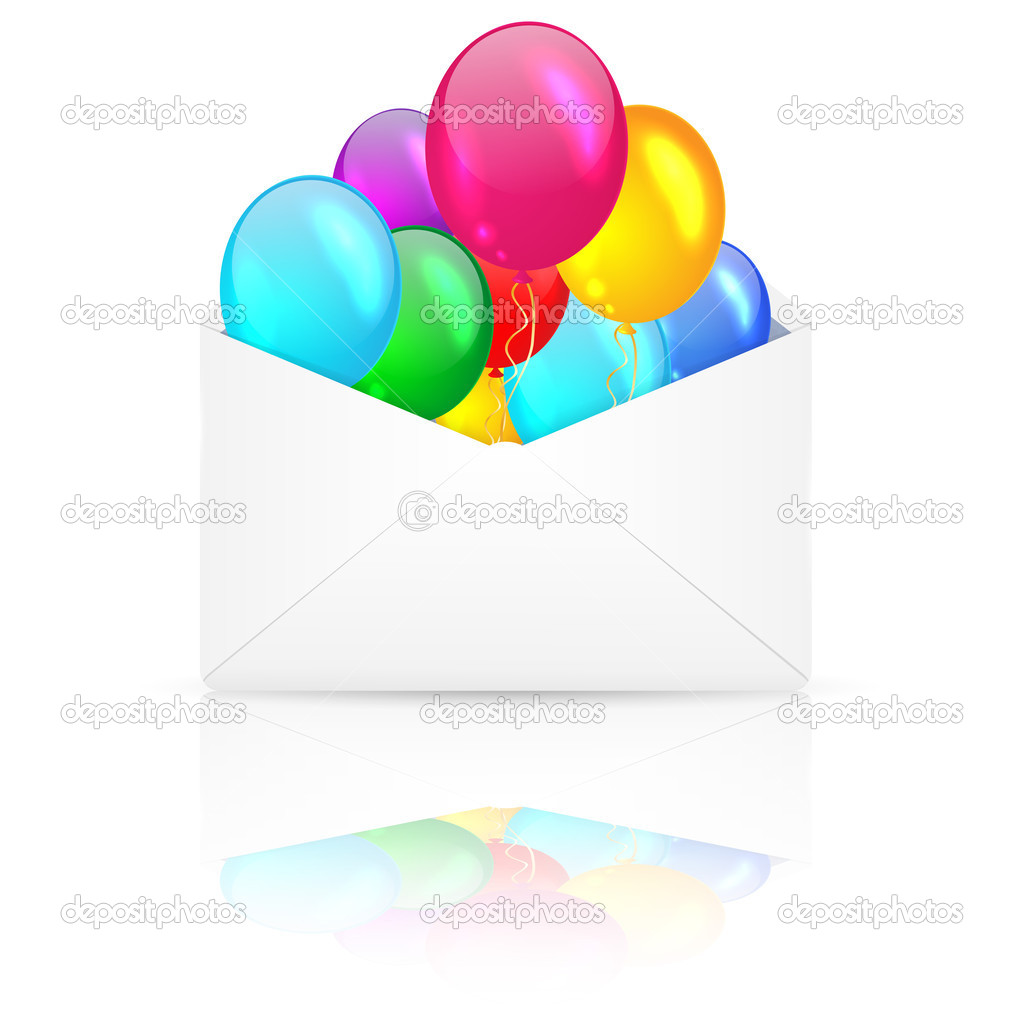 Open envelope with multicolored balloons