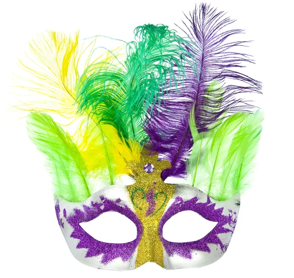 Máscara colorida de Mardi Gras con plumas aisladas en blanco — Foto de Stock