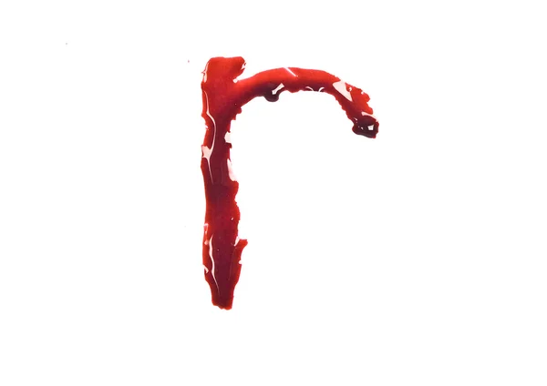 Tropfendes geschlitztes Blut schreibt den Buchstaben klein r — Stockfoto