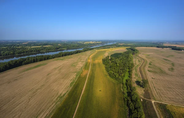 농장 필드와 중서부 미주리 이른 아침에에서 나무의 항공 보기 스톡 사진