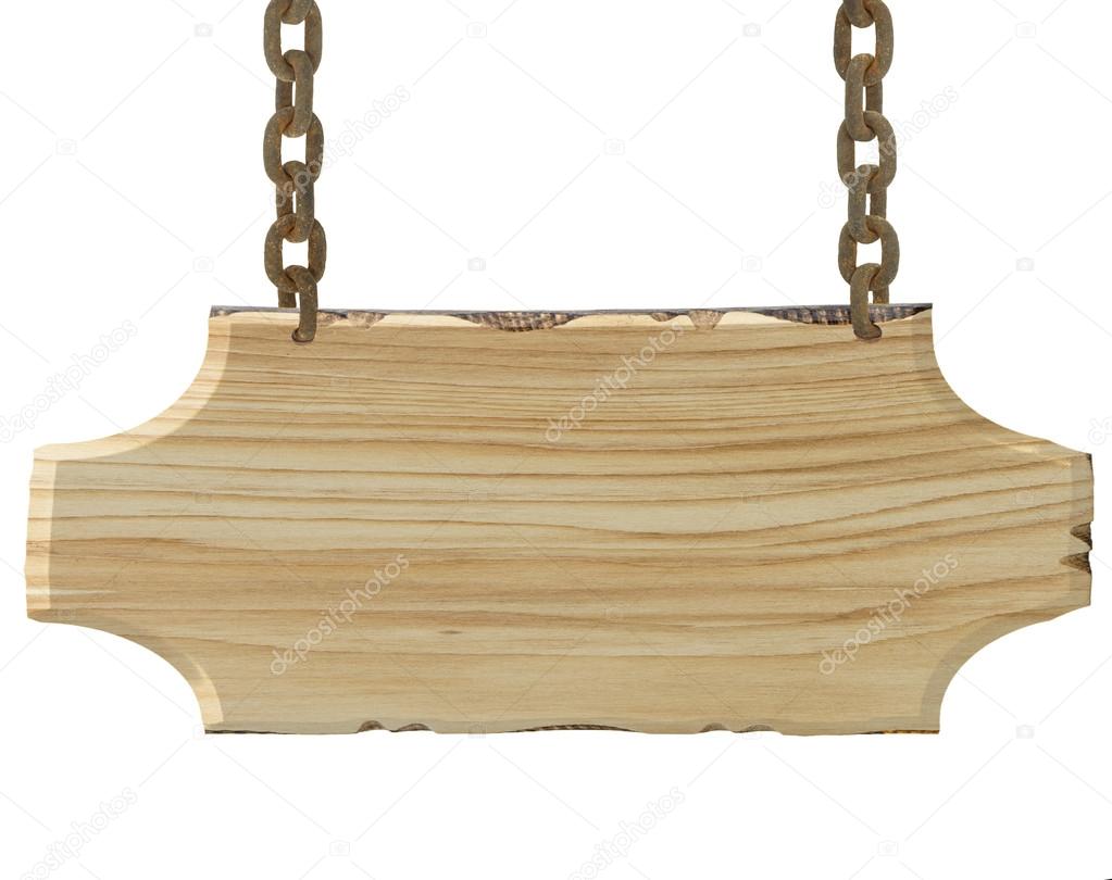 Wooden sign with chain on white background