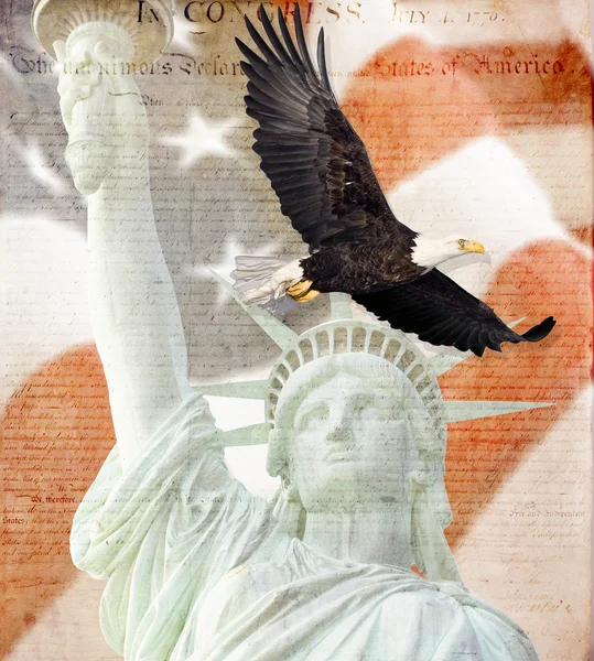 American Flag, flying bald Eagle,statue of liberty and Constitution montage — Stock Photo, Image