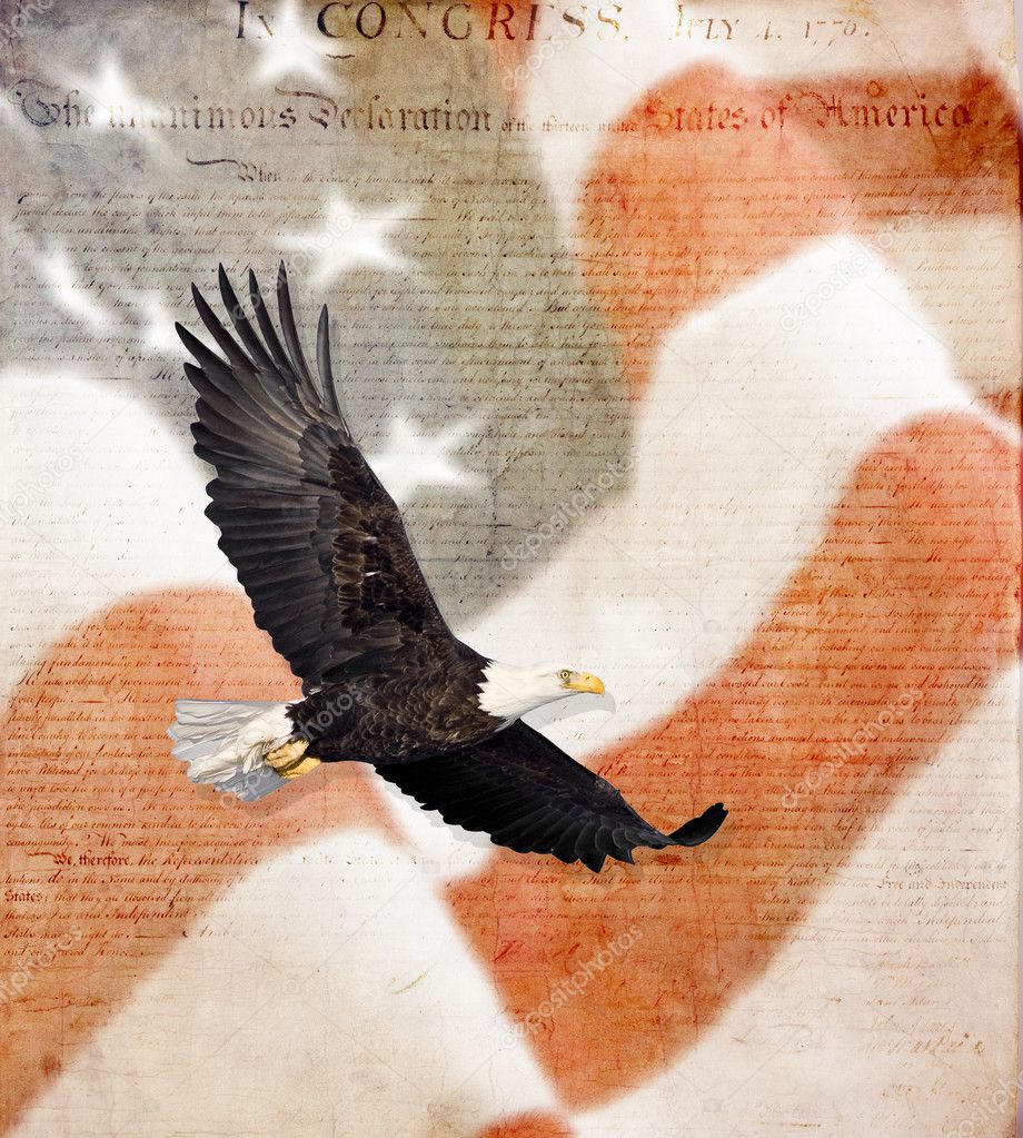 American Flag, flying bald Eagle and Constitution montage
