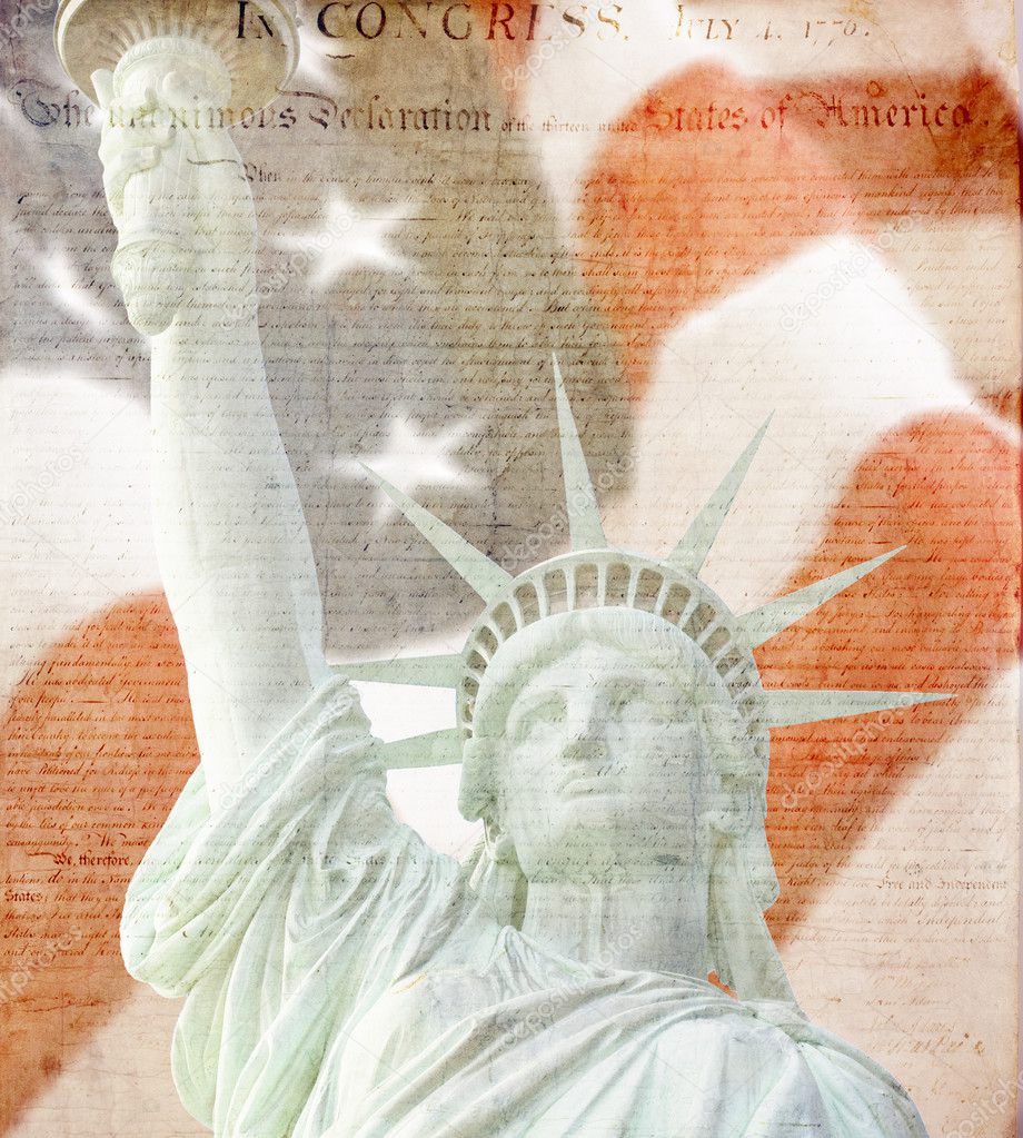 American Flag, flying ,statue of liberty and Constitution montage