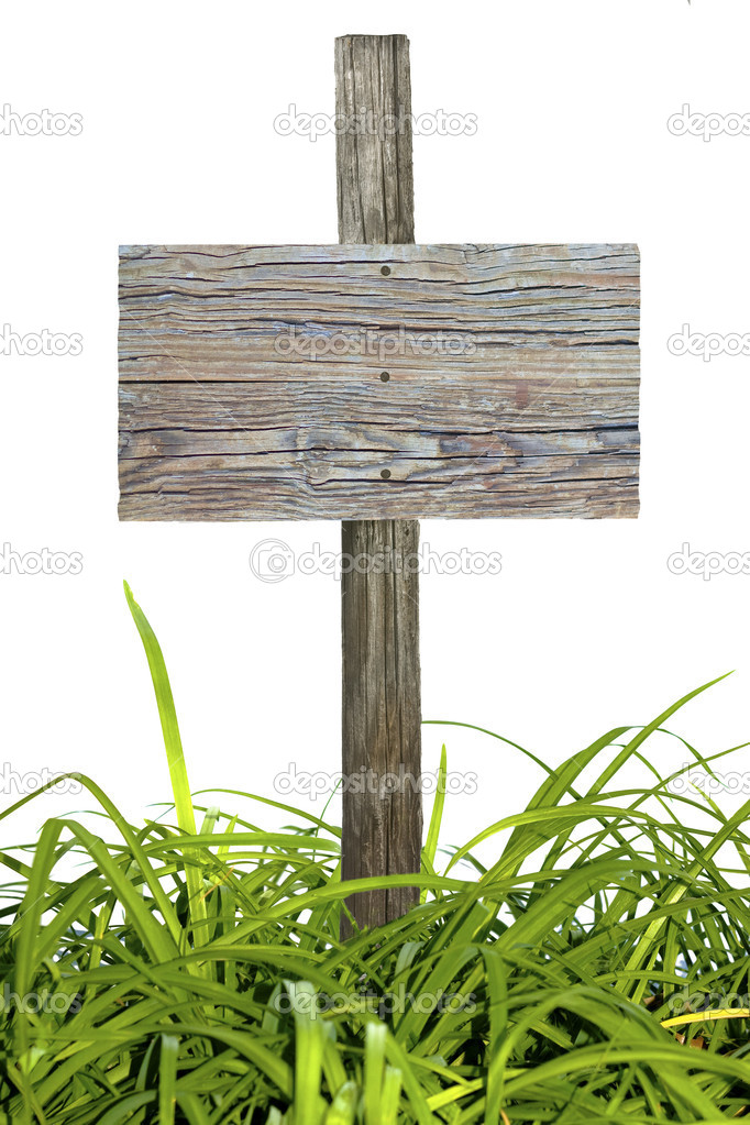 Vintage road sign in grass isolated on a white background