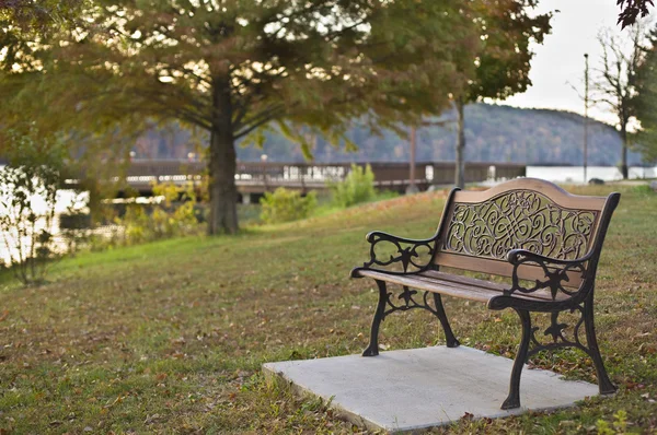 Хорошая скамейка в утреннем зеленом парке у озера — стоковое фото