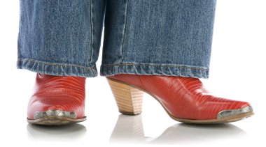 bacaklar beyaz kırmızı kovboy çizmeleri giyiyor Jeans
