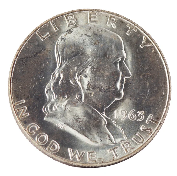 Prata antiga meio dólar isolado no fundo branco — Fotografia de Stock