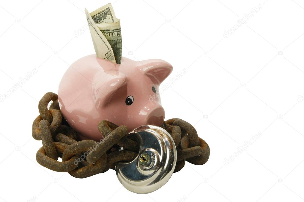 pig piggy bank with a dollar and a chain around