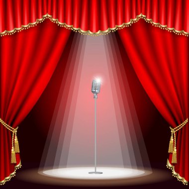 Mikrofon ve kırmızı perde ile Tiyatro sahne. Kırpma maskesi. Kafes.