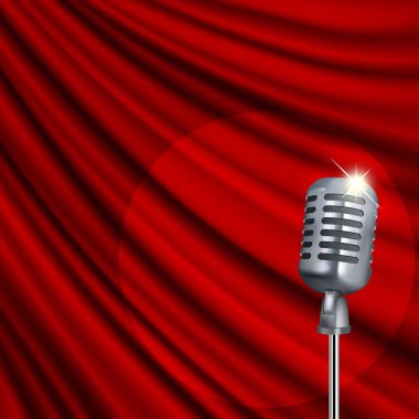 Mikrofon ve kırmızı perde ile Tiyatro sahne. Kırpma maskesi. Kafes.