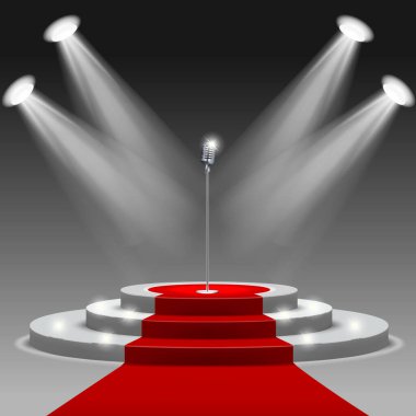 Merdiven ve mikrofon kırpma maskesi ile kırmızı halı. Kafes.