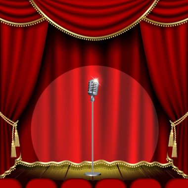Mikrofon ve kırmızı perde ile Tiyatro sahne. Kırpma maskesi. Kafes.